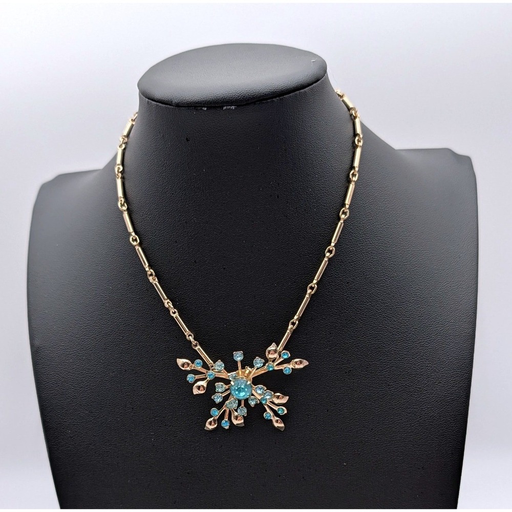 Vintage Germany Gold Tone Turquoise Blue Rhinestone Sunburst Floral Necklace